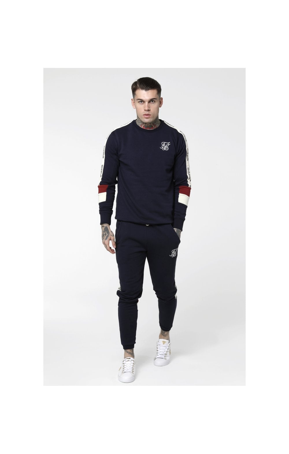 Load image into Gallery viewer, SikSilk Retro Panel Tape Crew Sweater - Navy,Red &amp; Off White (4)