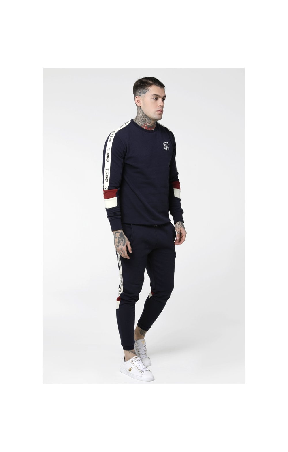 Load image into Gallery viewer, SikSilk Retro Panel Tape Crew Sweater - Navy,Red &amp; Off White (5)