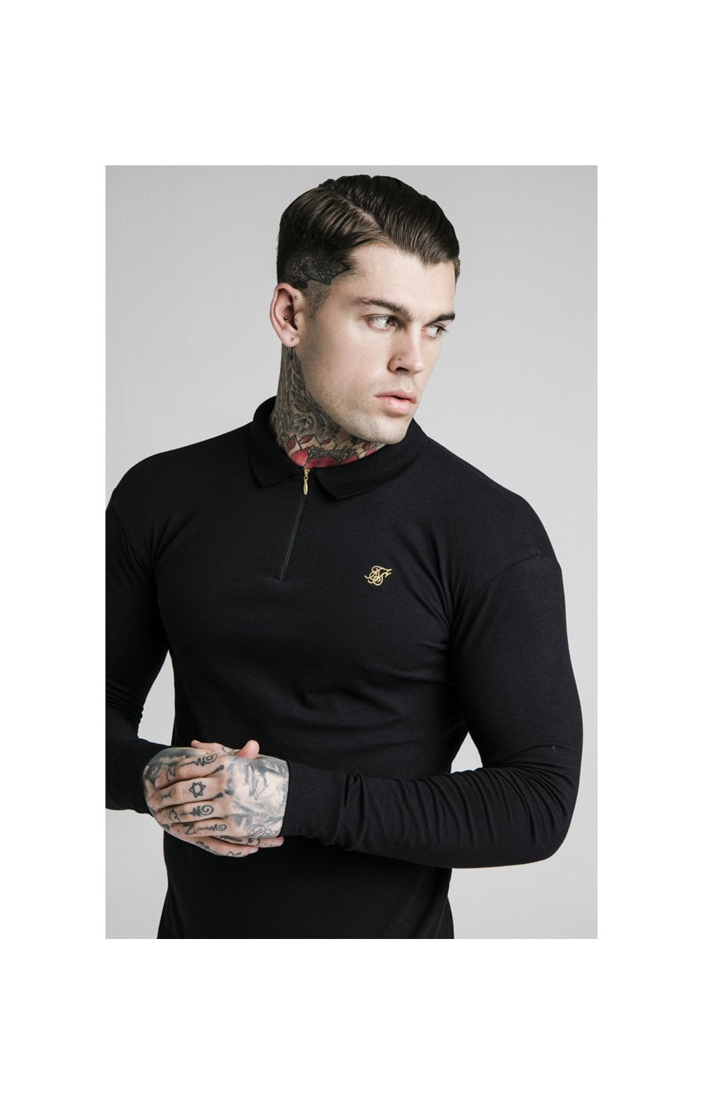 SikSilk L/S Zip Collar Polo Shirt - Black (1)