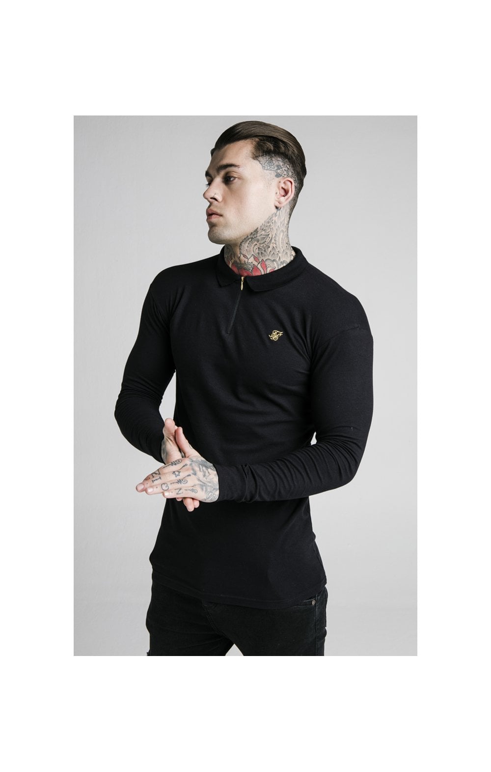 SikSilk L/S Zip Collar Polo Shirt - Black