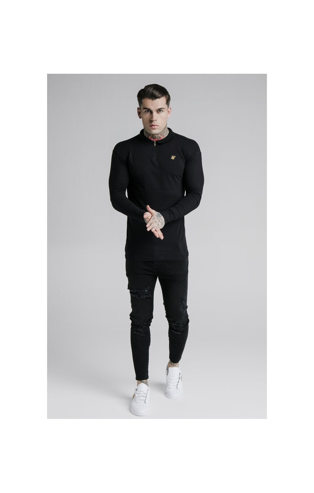 SikSilk L/S Zip Collar Polo Shirt - Black (2)