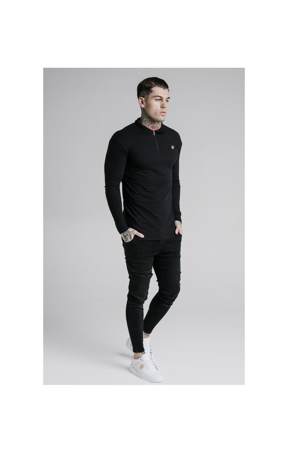 SikSilk L/S Zip Collar Polo Shirt - Black (3)