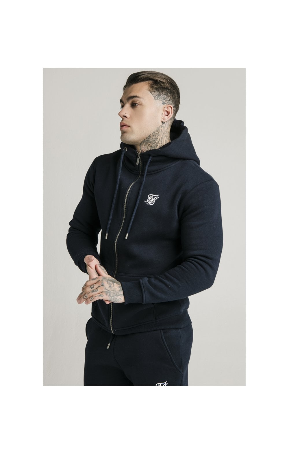 SikSilk Zip Through Funnel Neck Hoodie - Navy