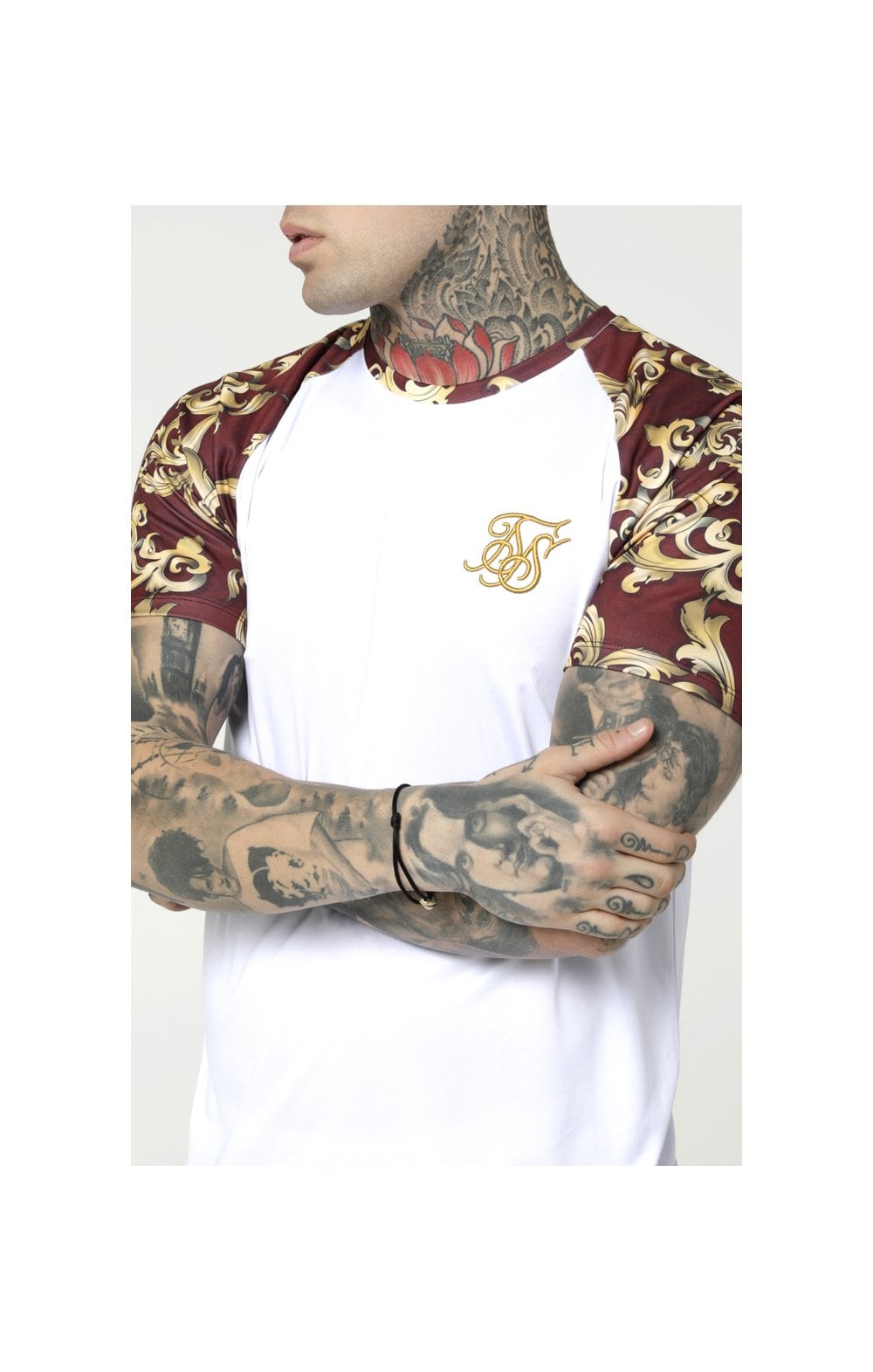 SikSilk S/S Royal Venetian Raglan Gym Tee – White & Burgundy