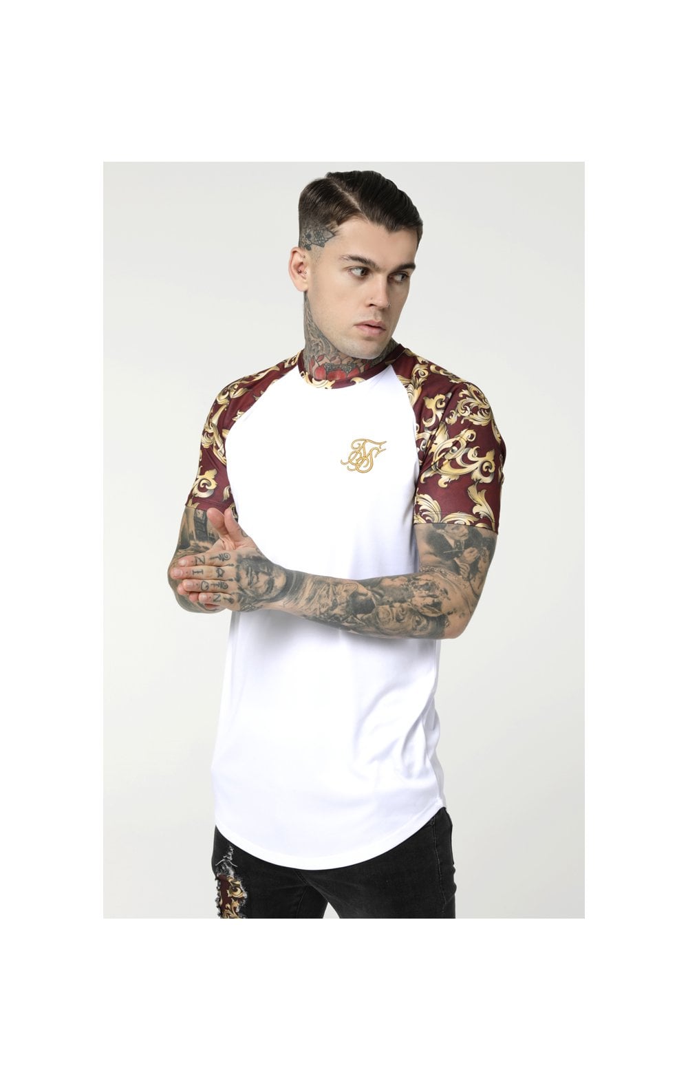 SikSilk S/S Royal Venetian Raglan Gym Tee – White & Burgundy (1)