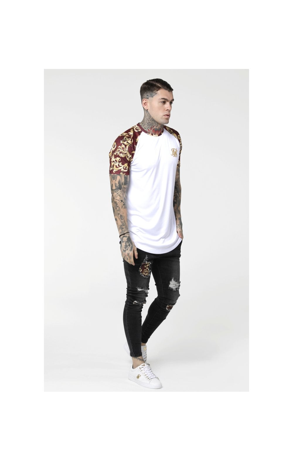 SikSilk S/S Royal Venetian Raglan Gym Tee – White & Burgundy (2)