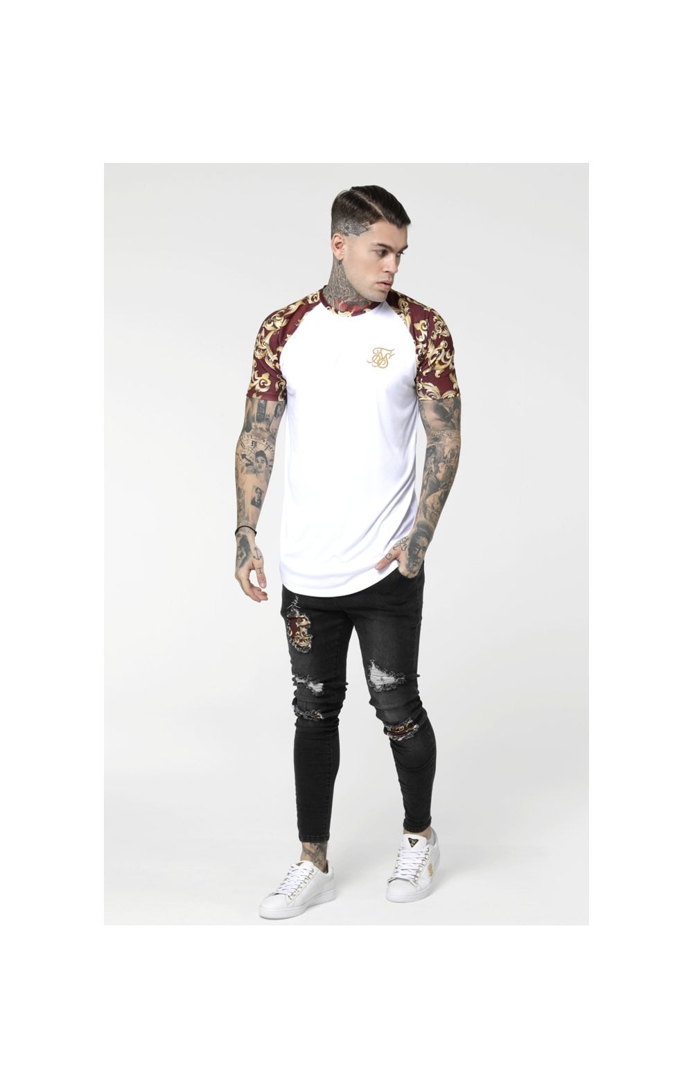 SikSilk S/S Royal Venetian Raglan Gym Tee – White & Burgundy (3)