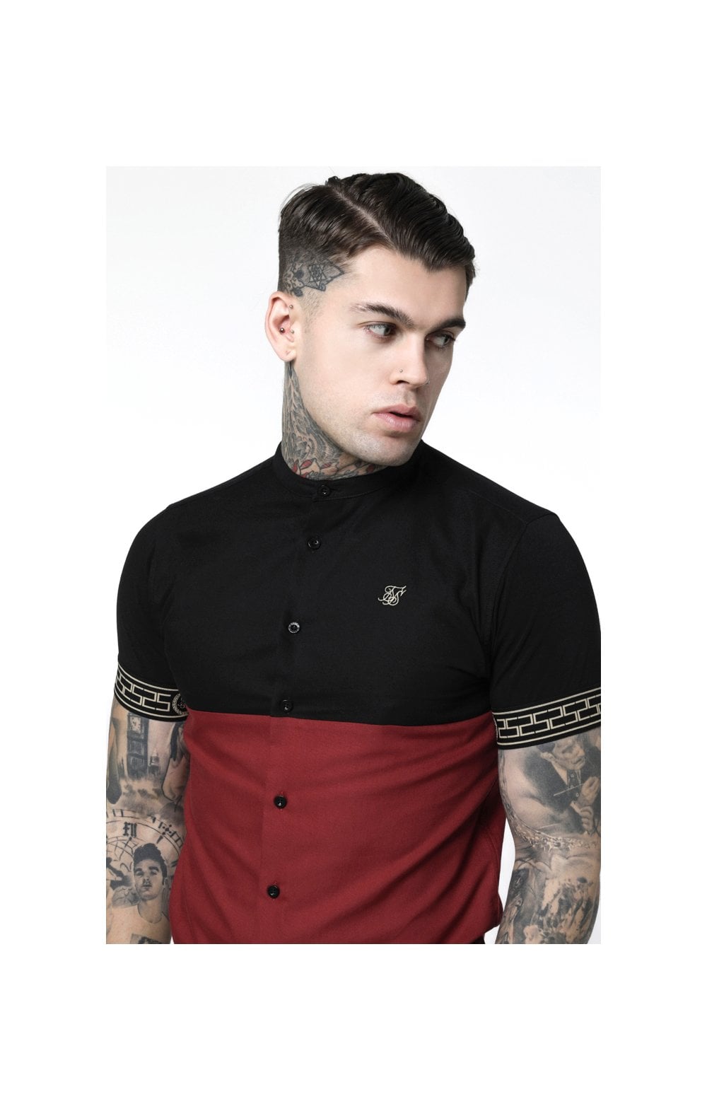 SikSilk S/S Cut & Sew Cartel Grandad Shirt - Black & Red (1)