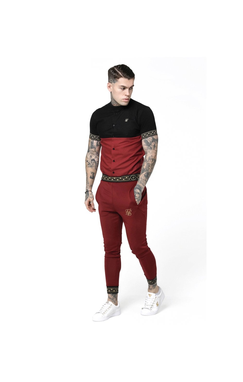 SikSilk S/S Cut & Sew Cartel Grandad Shirt - Black & Red (2)