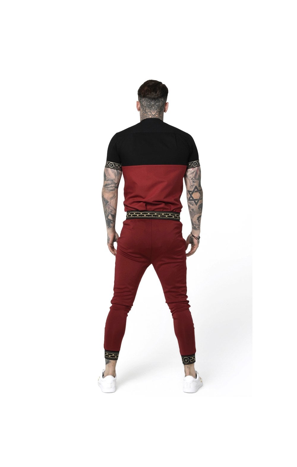 SikSilk S/S Cut & Sew Cartel Grandad Shirt - Black & Red (4)