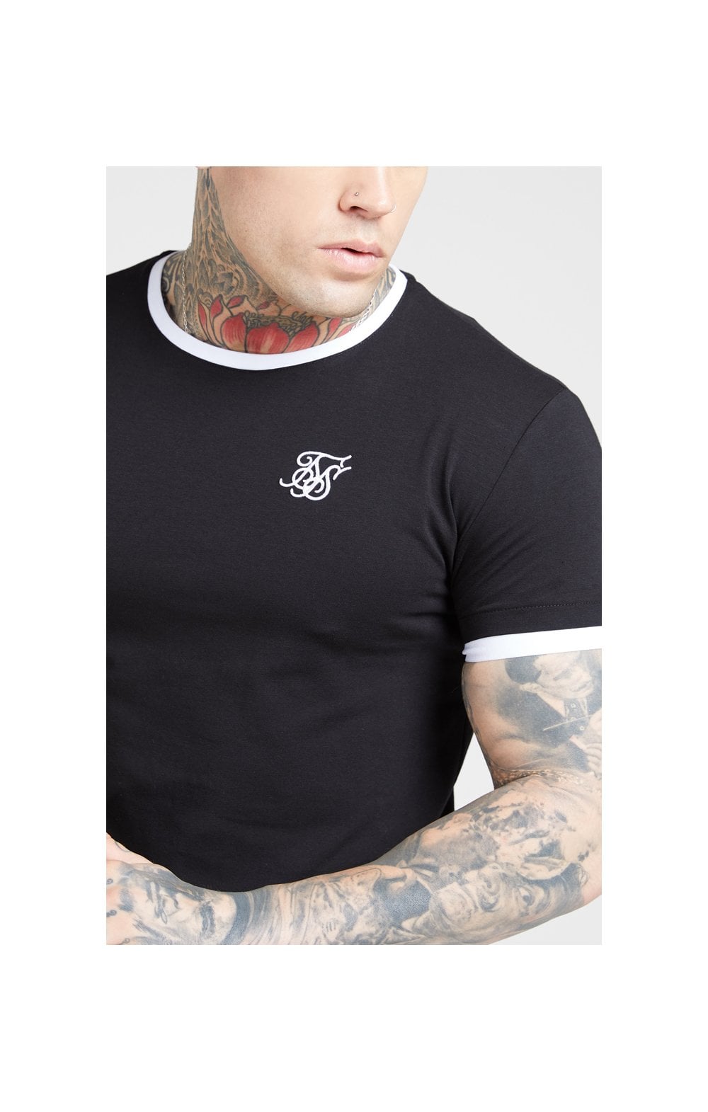 SikSilk S/S Inset Straight Hem Ringer Gym Tee – Black & White (1)