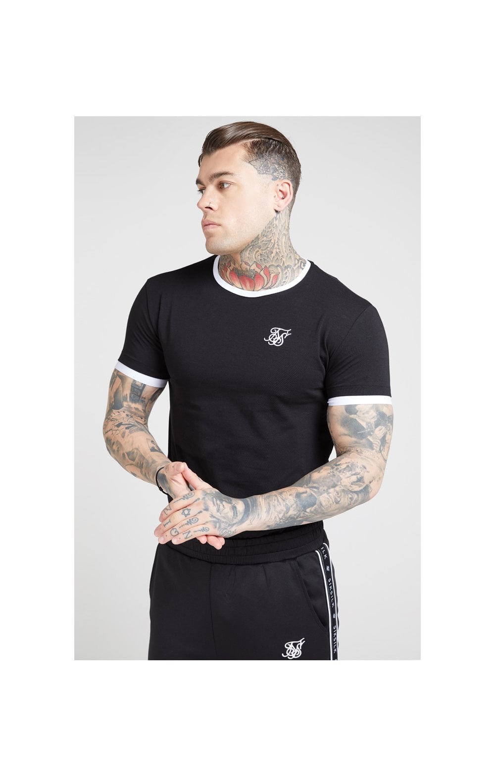 SikSilk S/S Inset Straight Hem Ringer Gym Tee – Black & White