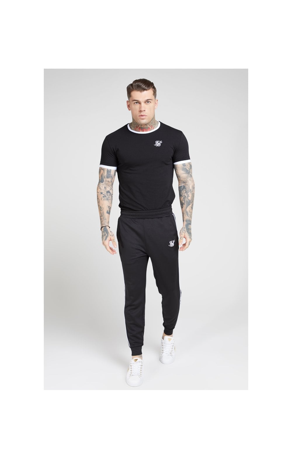 SikSilk S/S Inset Straight Hem Ringer Gym Tee – Black & White (2)