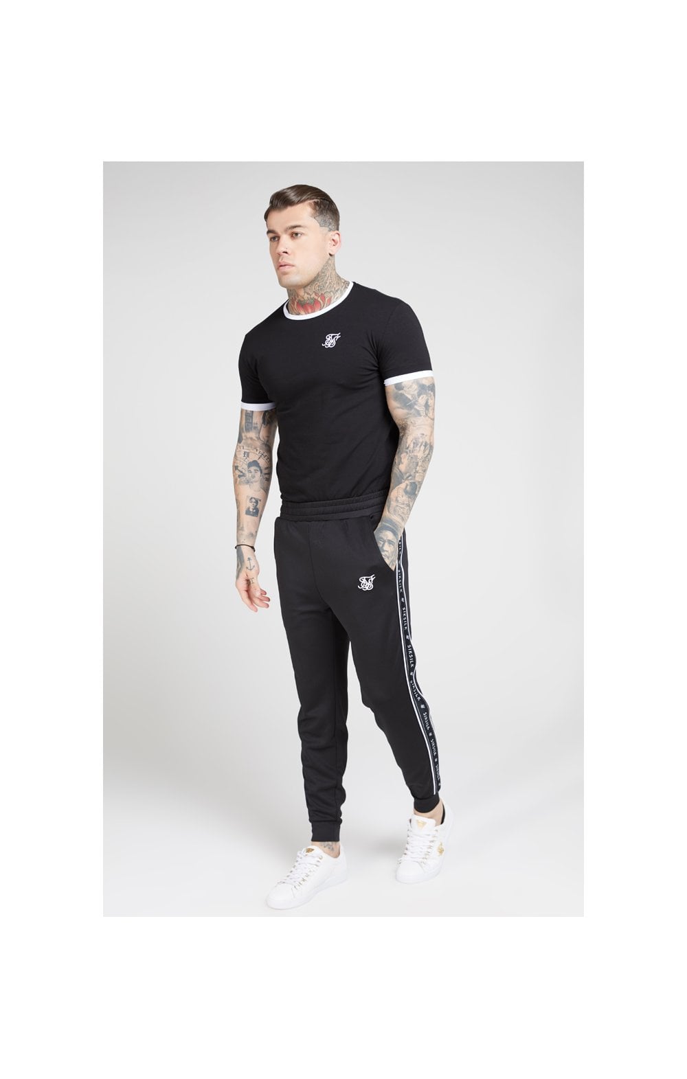 SikSilk S/S Inset Straight Hem Ringer Gym Tee – Black & White (3)