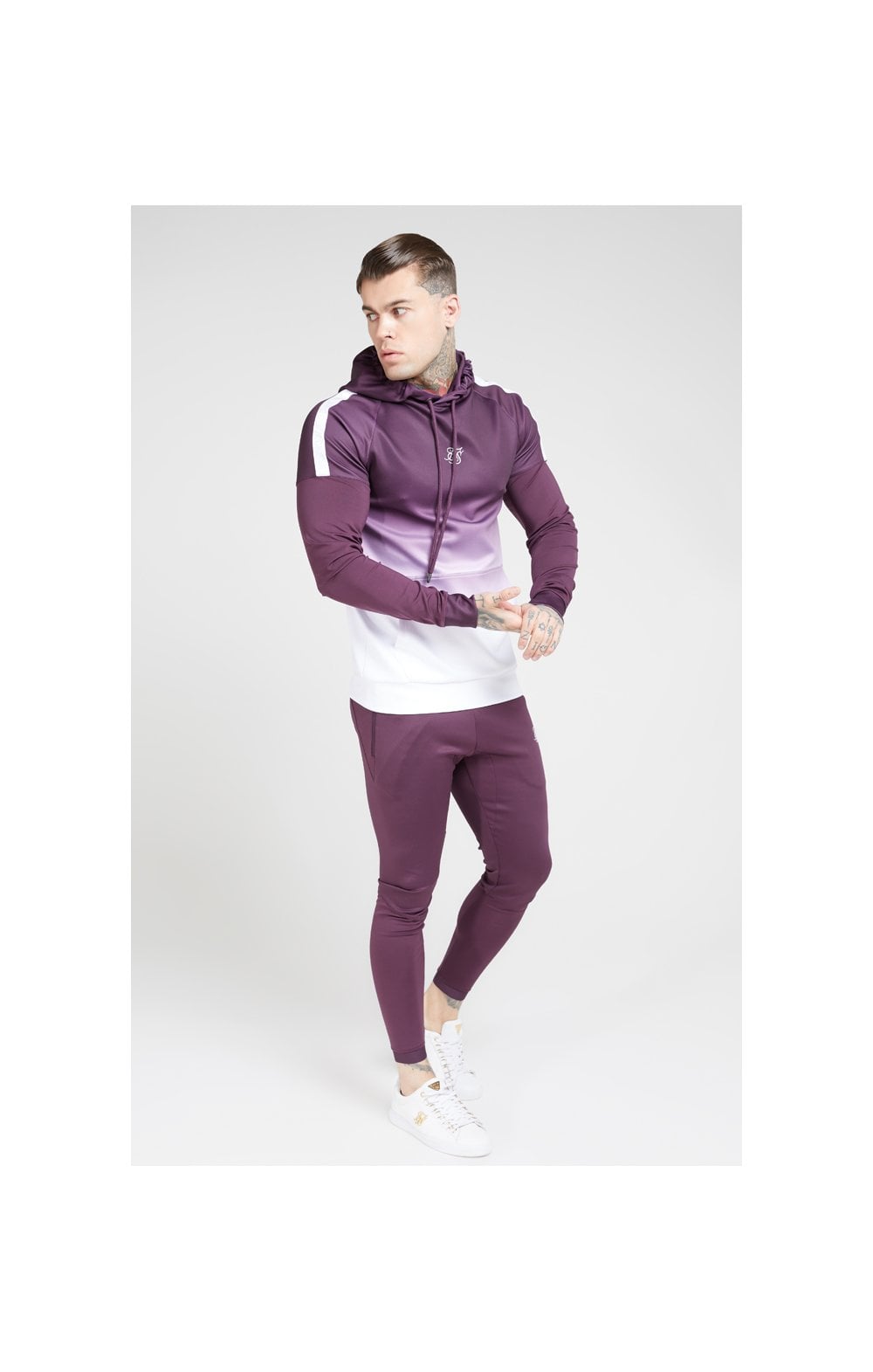 Load image into Gallery viewer, SikSilk Vapour Hybrid Sleeve Tape Hoodie - Rich Burgundy Fade (3)