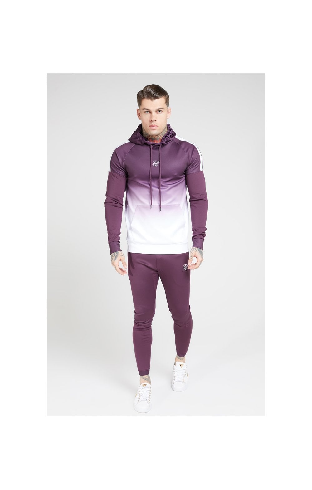 Load image into Gallery viewer, SikSilk Vapour Hybrid Sleeve Tape Hoodie - Rich Burgundy Fade (5)