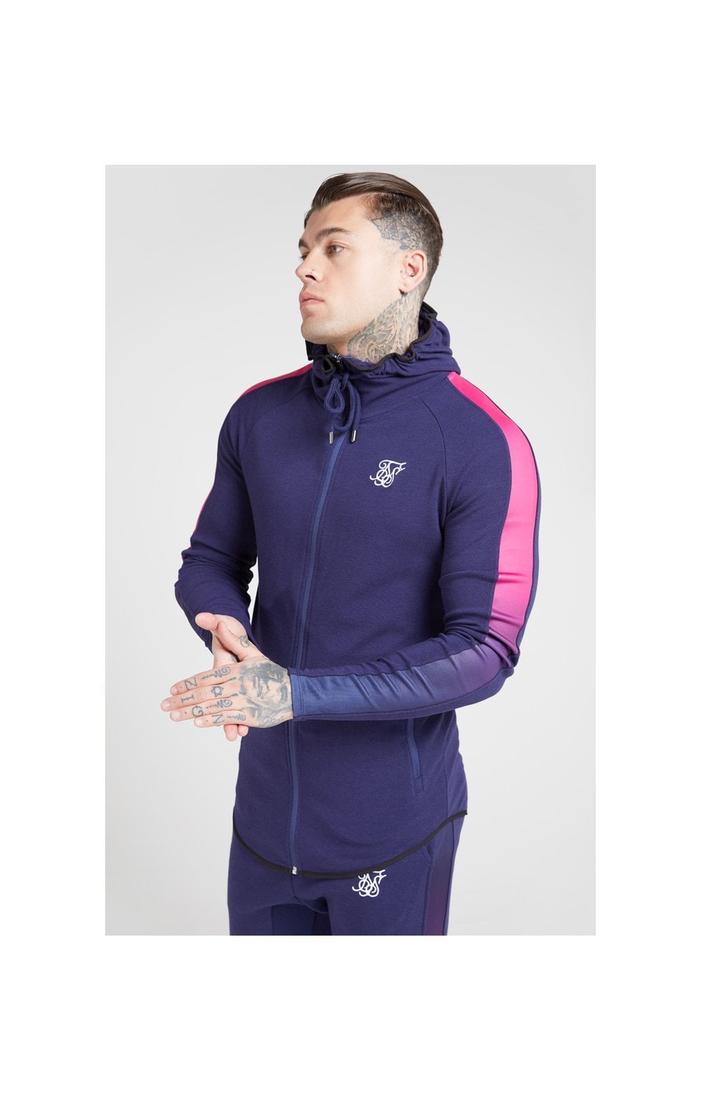 Load image into Gallery viewer, SikSilk Fade Panel Zip Through Hoodie – Navy &amp; Neon Fade (1)