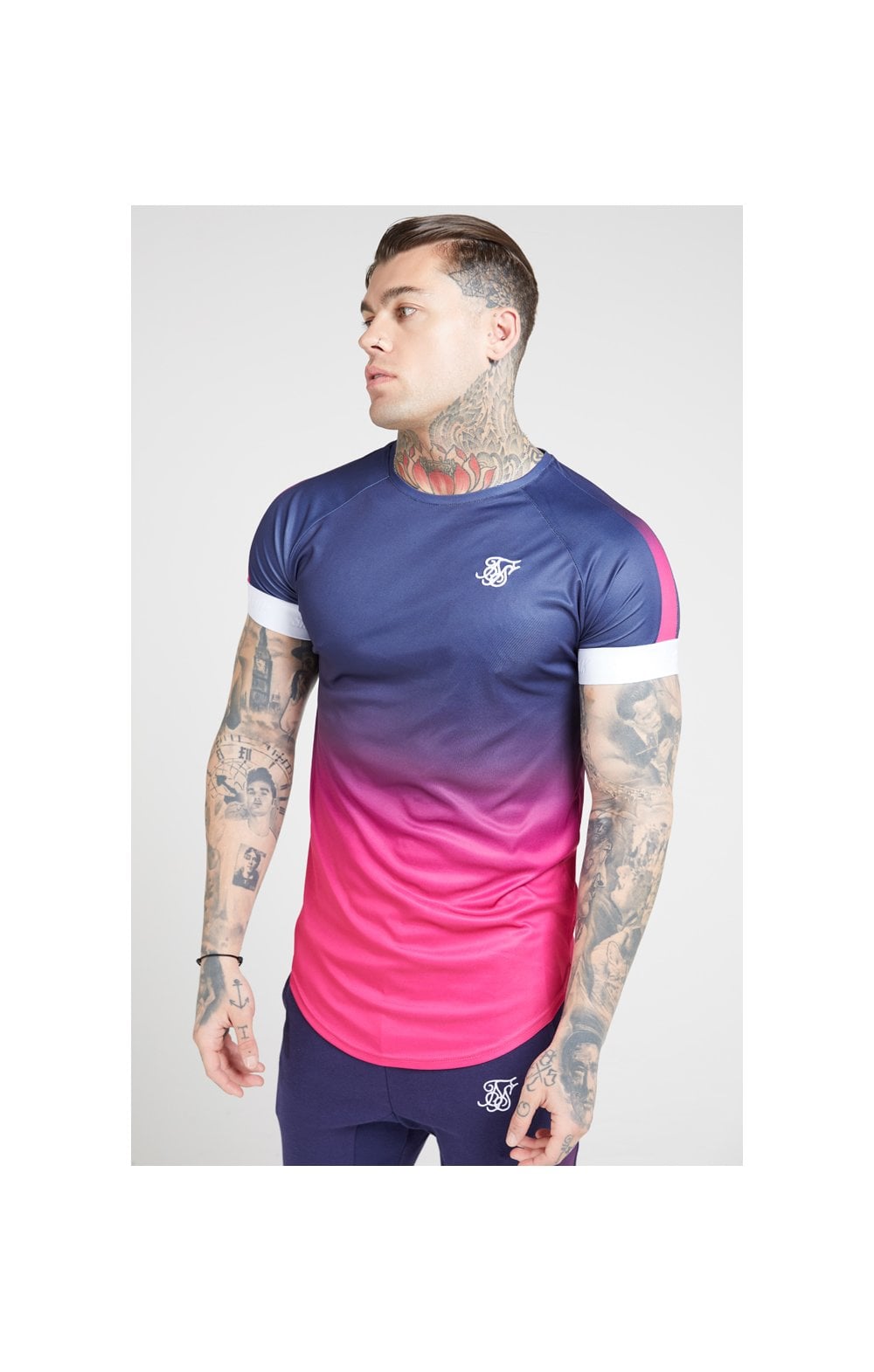 Load image into Gallery viewer, SikSilk S/S Fade Panel Tech Tee – Navy &amp; Neon Fade