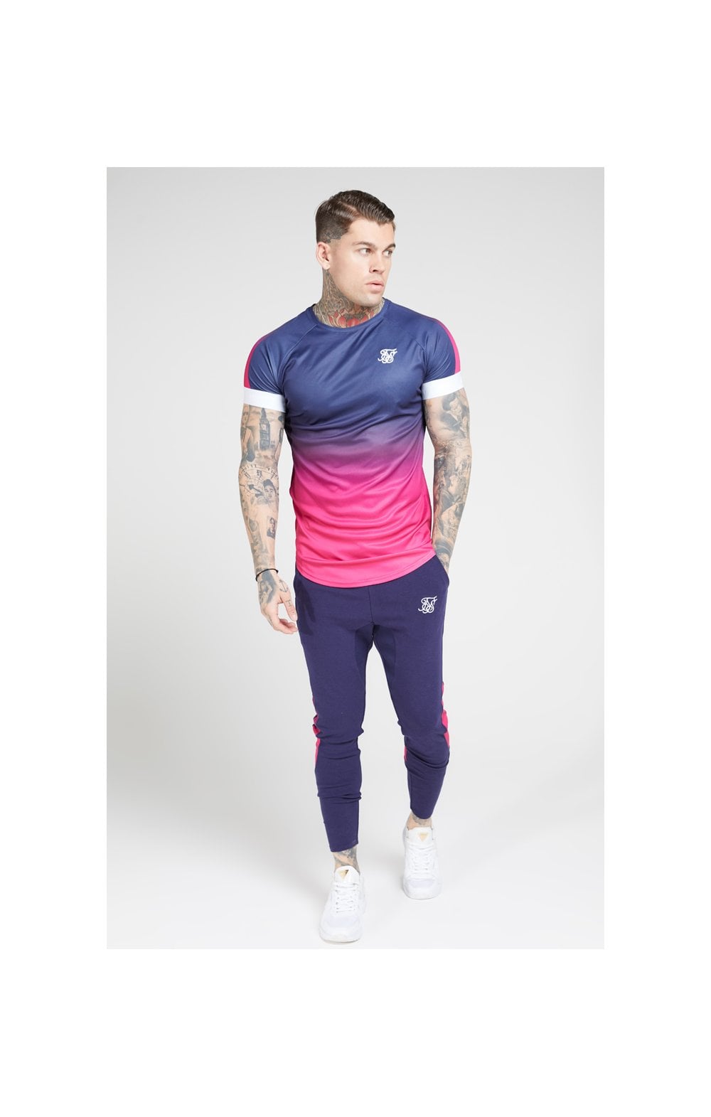 Load image into Gallery viewer, SikSilk S/S Fade Panel Tech Tee – Navy &amp; Neon Fade (2)