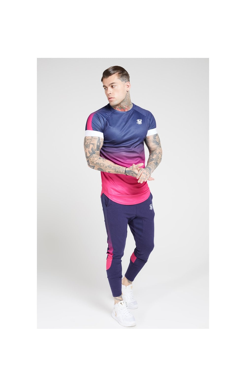 Load image into Gallery viewer, SikSilk S/S Fade Panel Tech Tee – Navy &amp; Neon Fade (3)