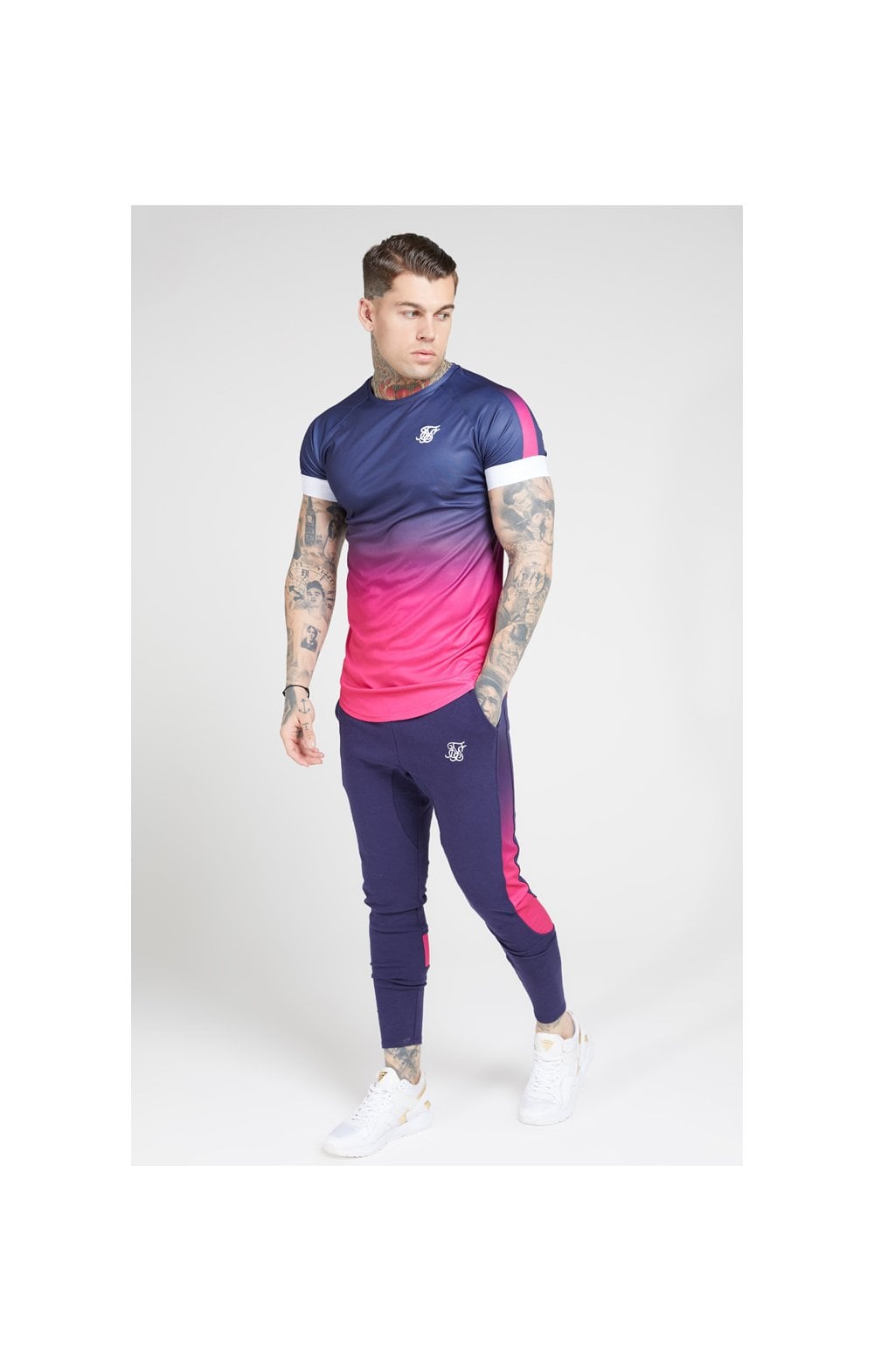 Load image into Gallery viewer, SikSilk S/S Fade Panel Tech Tee – Navy &amp; Neon Fade (4)
