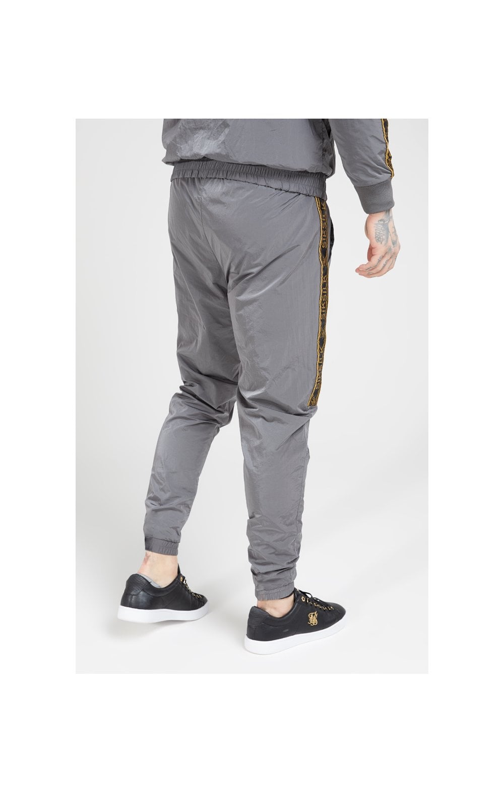Load image into Gallery viewer, SikSilk Crushed Nylon Taped Joggers – Grey &amp; Gold (6)