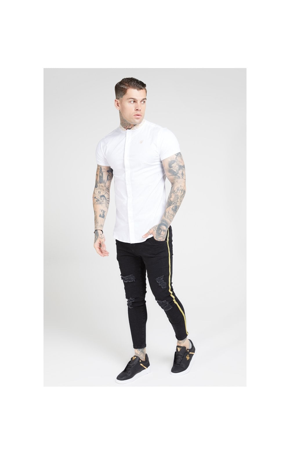 Load image into Gallery viewer, SikSilk S/S Tape Collar Shirt – White &amp; Gold (2)