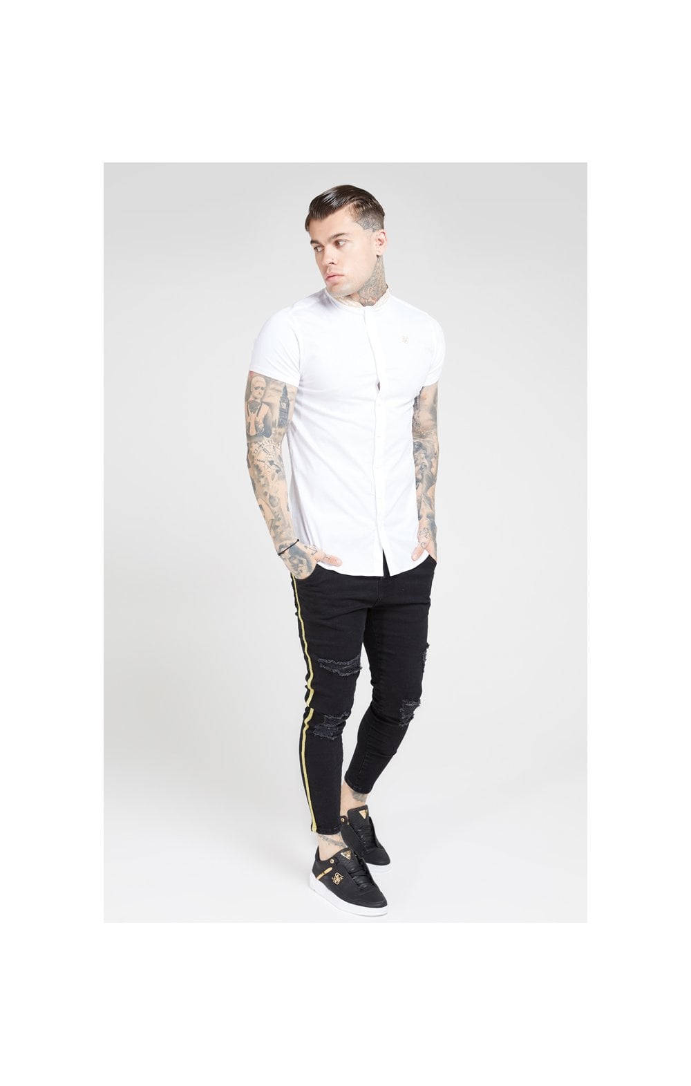 Load image into Gallery viewer, SikSilk S/S Tape Collar Shirt – White &amp; Gold (4)