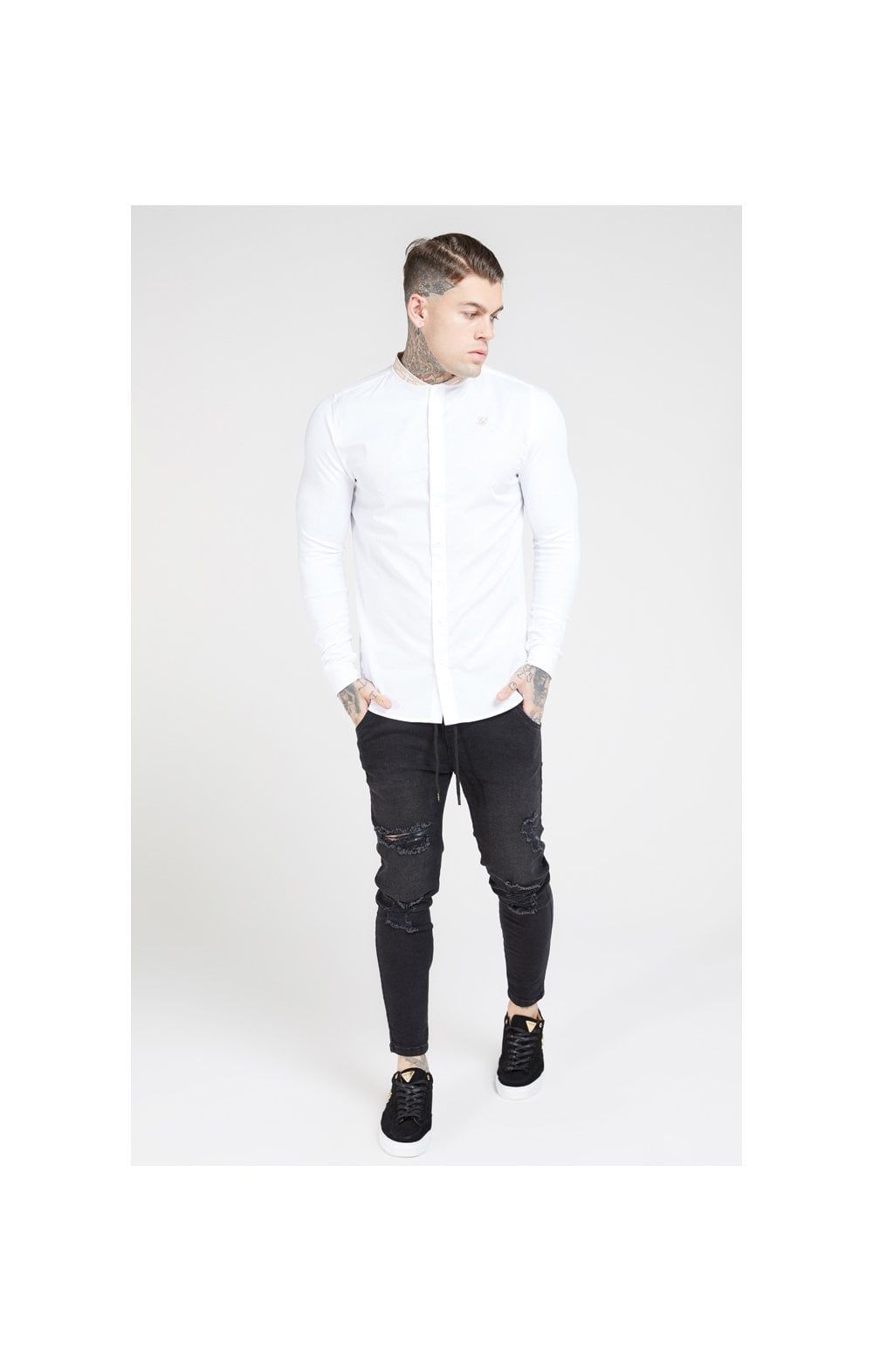 SikSilk L/S Chain Tape Collar Shirt – White (1)