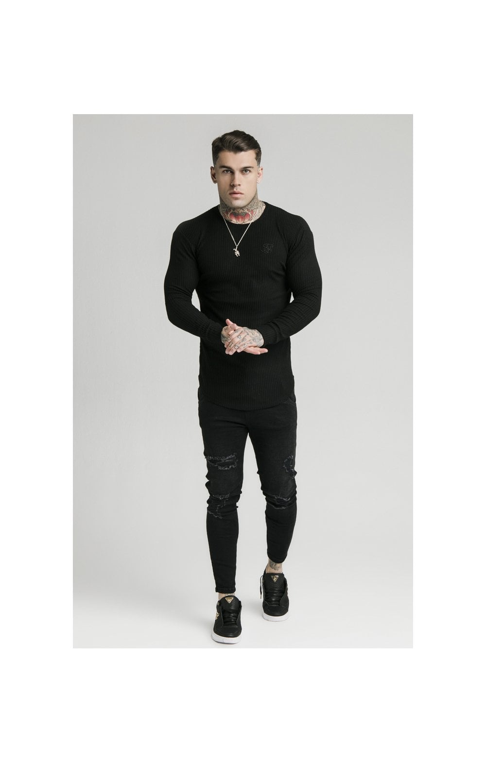 SikSilk L/S Brushed Rib Knit Gym Tee - Black (1)