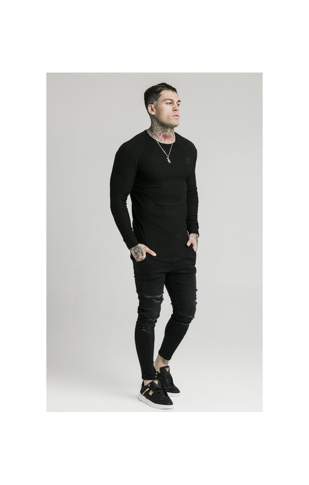 SikSilk L/S Brushed Rib Knit Gym Tee - Black (2)