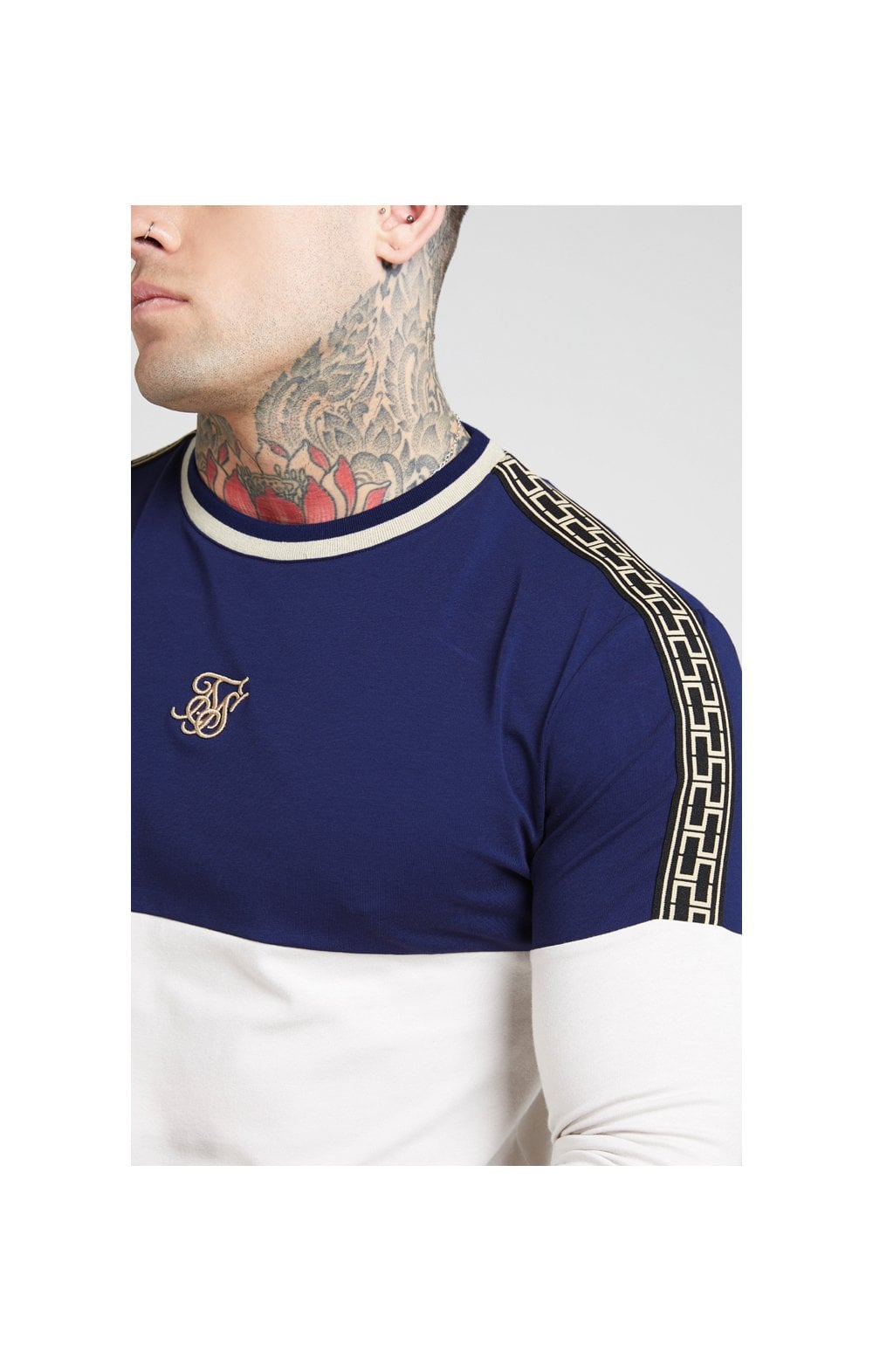 SikSilk L/S Chain Cartel Rib Tape Gym Tee - Navy & Stone