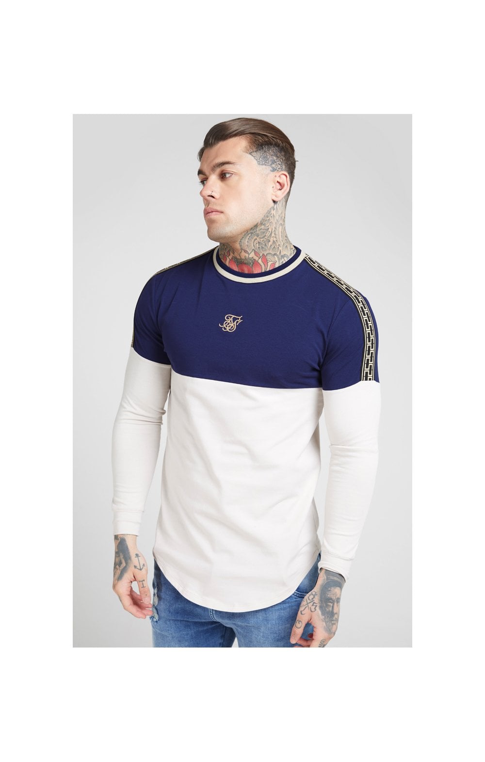 SikSilk L/S Chain Cartel Rib Tape Gym Tee - Navy & Stone (1)