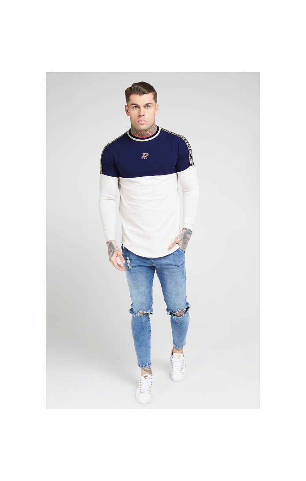 SikSilk L/S Chain Cartel Rib Tape Gym Tee - Navy & Stone (2)