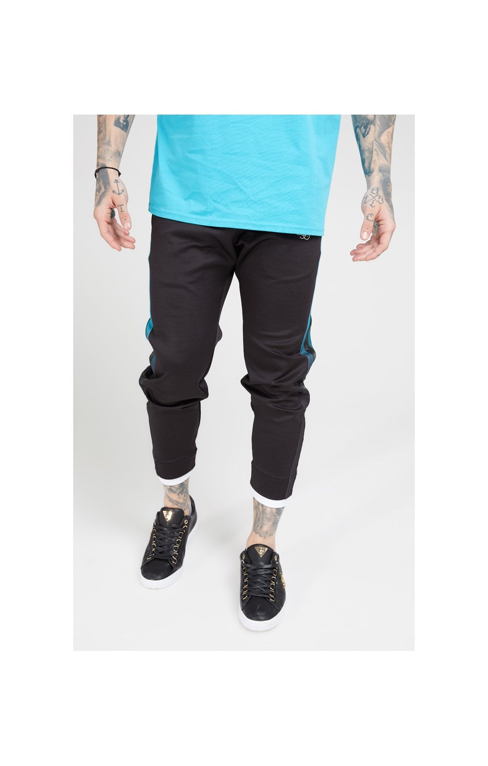 Load image into Gallery viewer, SikSilk Fitted Tape Track Pants – Black &amp; Teal (1)