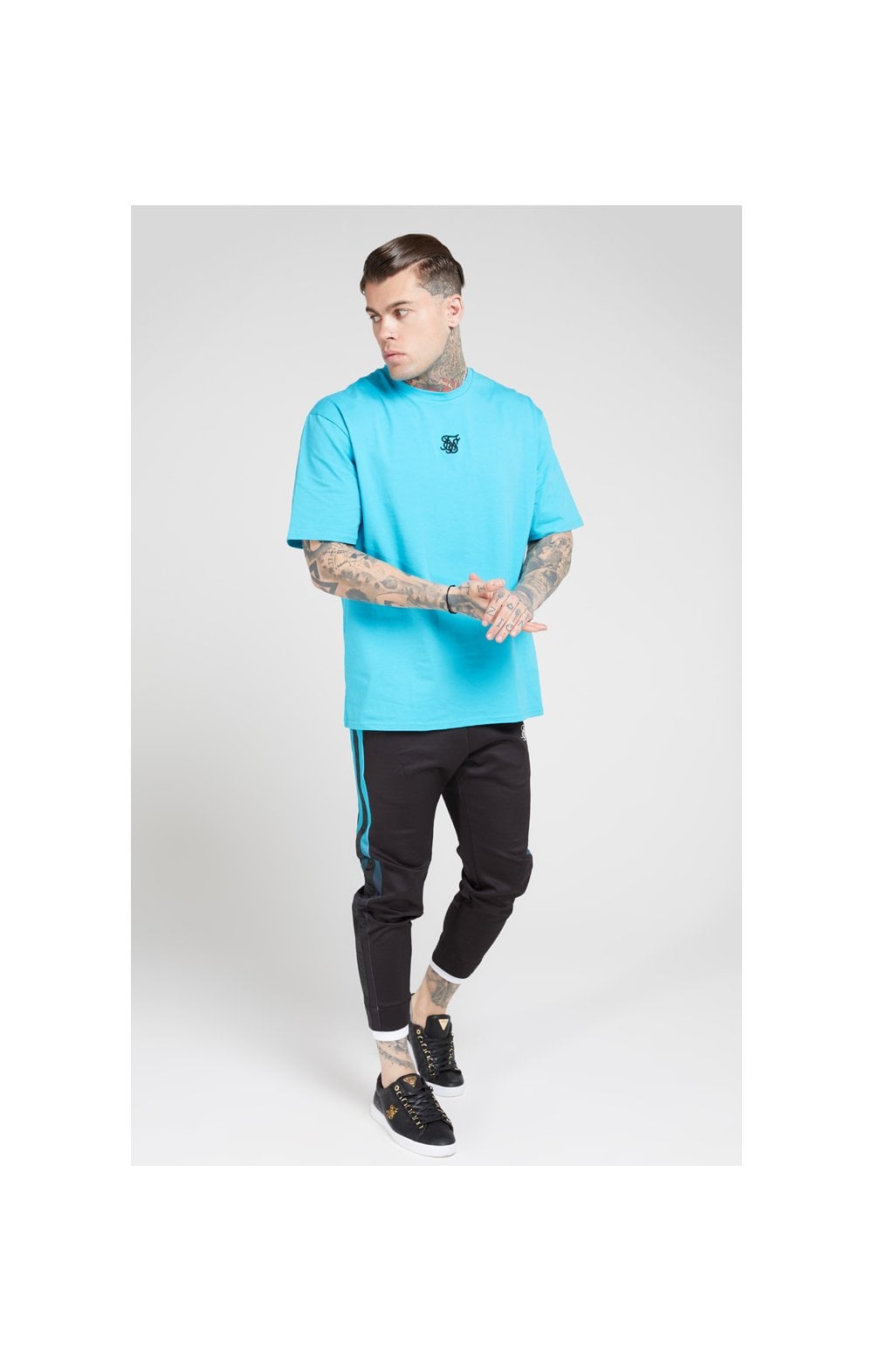 Load image into Gallery viewer, SikSilk Fitted Tape Track Pants – Black &amp; Teal (2)
