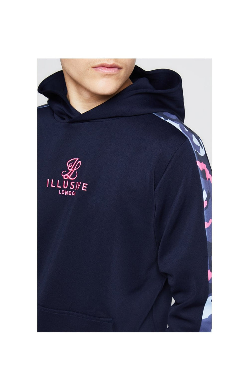 Illusive London Panelled Overhead Hoodie - Navy & Neon Pink Camo