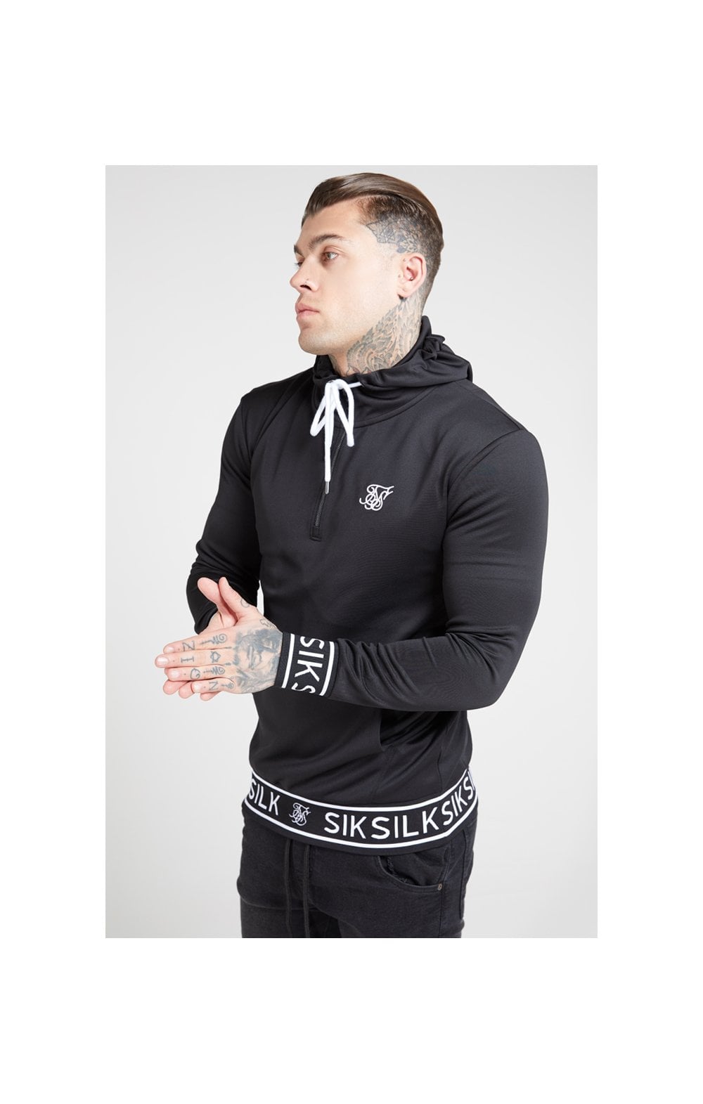 SikSilk 1/4 Zip Branded Rib Hoodie - Black