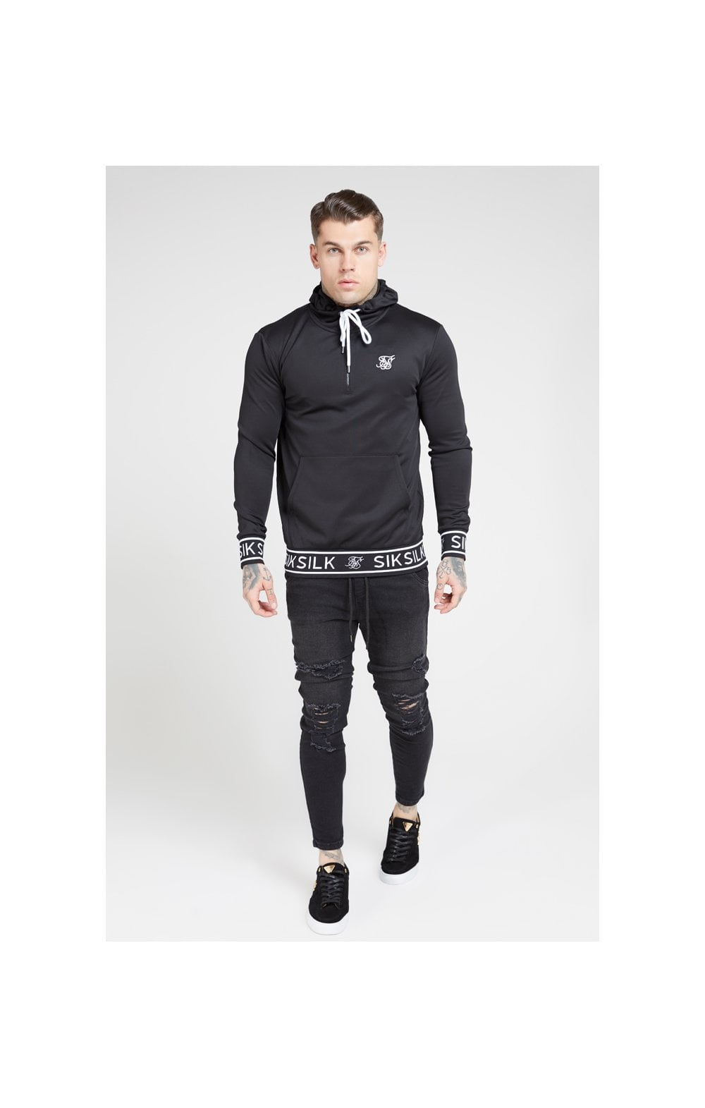 SikSilk 1/4 Zip Branded Rib Hoodie - Black (2)