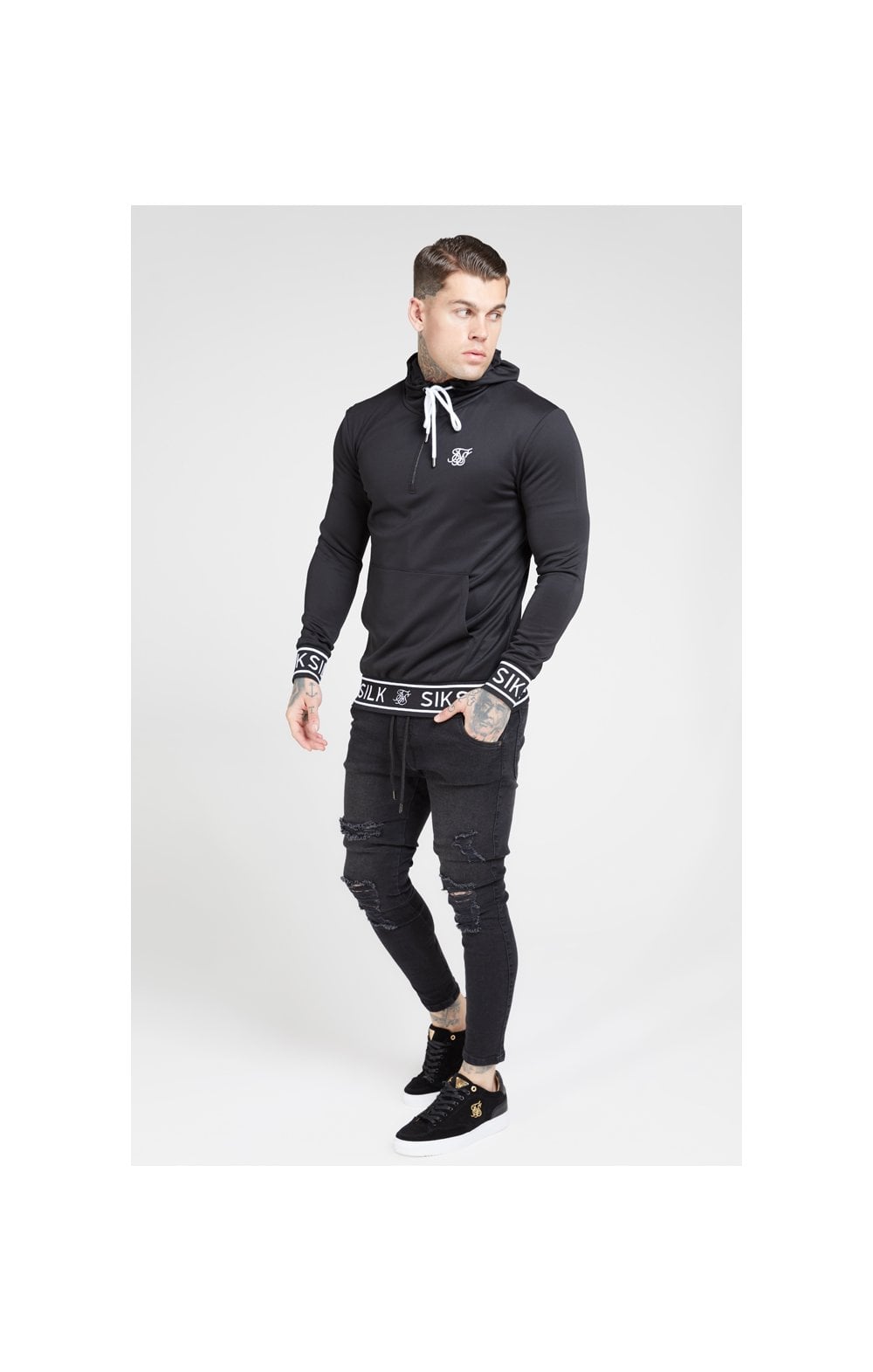 SikSilk 1/4 Zip Branded Rib Hoodie - Black (3)