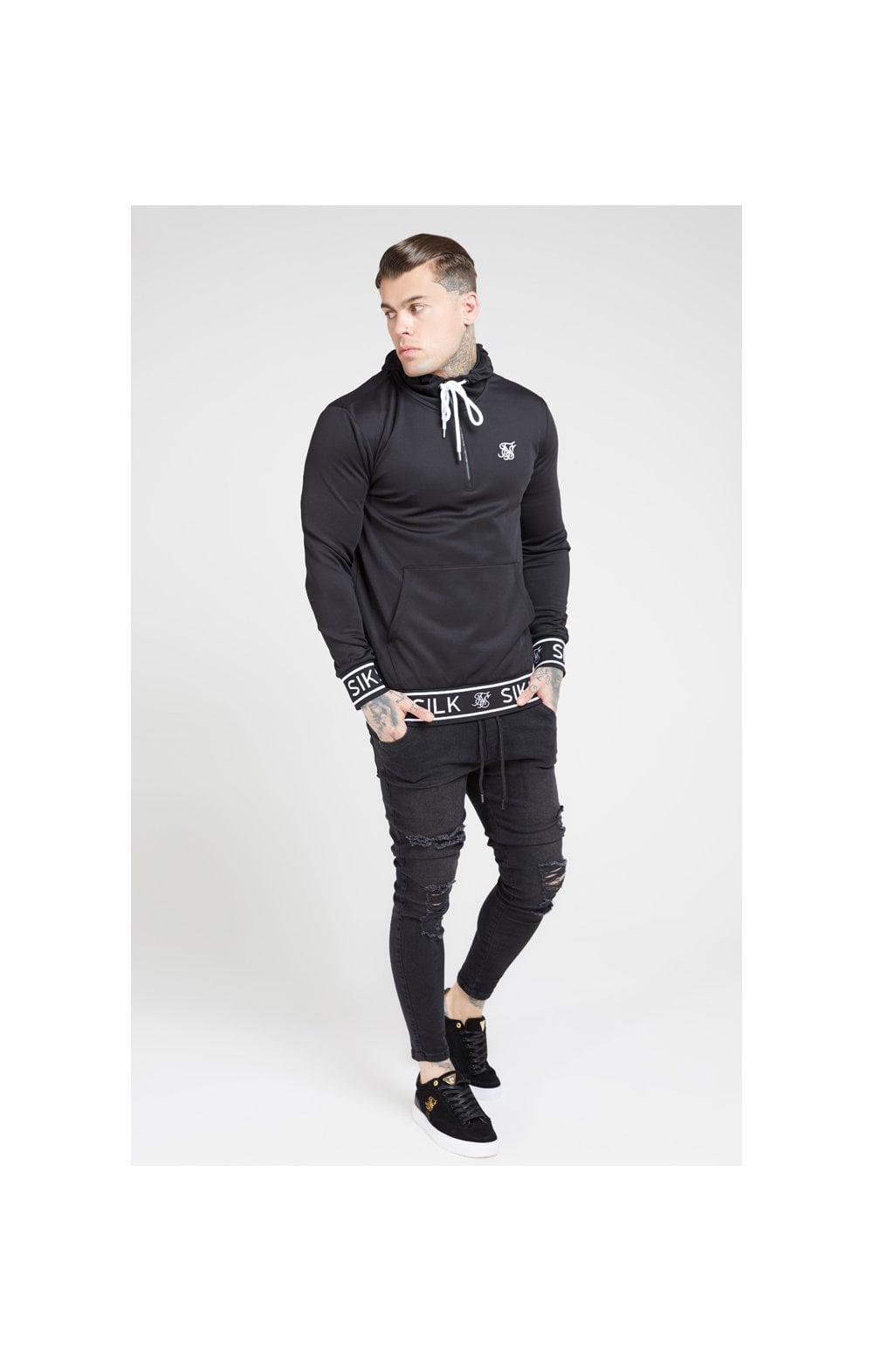 SikSilk 1/4 Zip Branded Rib Hoodie - Black (4)