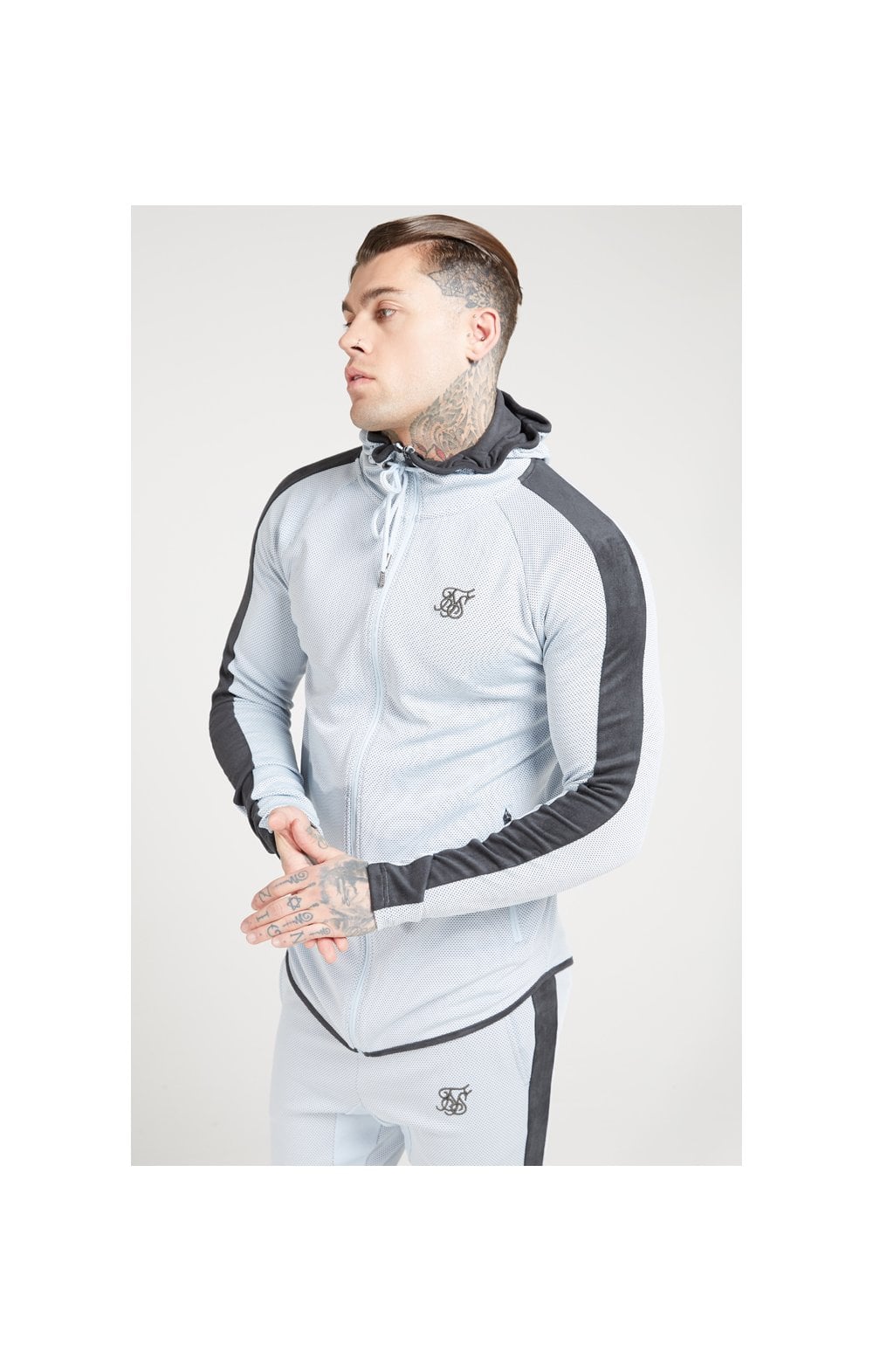 SikSilk Athlete Eyelet Zip Through Hoodie Ice Grey Charcoal