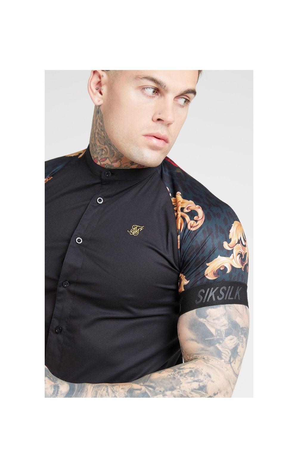 SikSilk S/S Grandad Collar Shirt - Jet Black & Floral Animal (1)