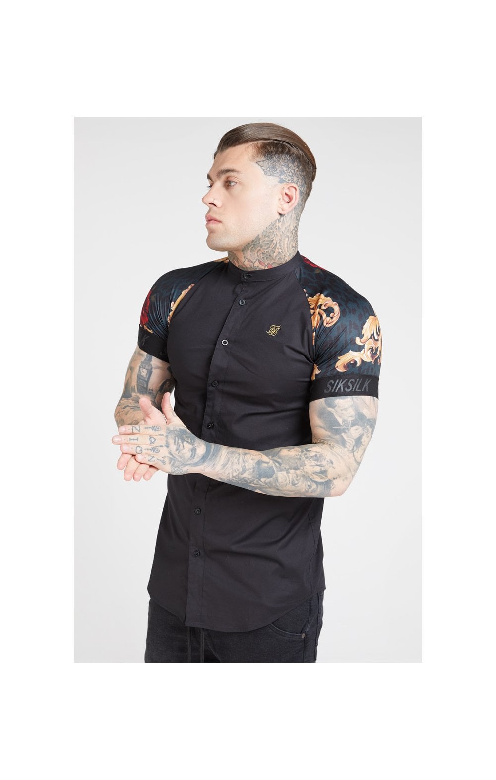 SikSilk S/S Grandad Collar Shirt - Jet Black & Floral Animal