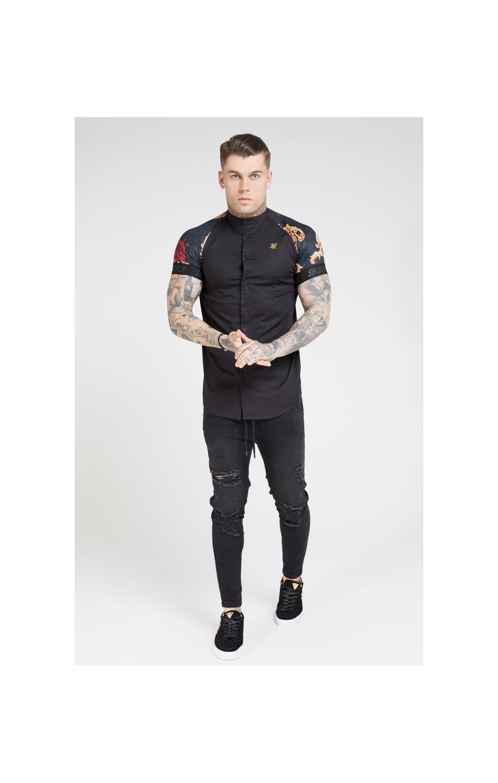 SikSilk S/S Grandad Collar Shirt - Jet Black & Floral Animal (2)