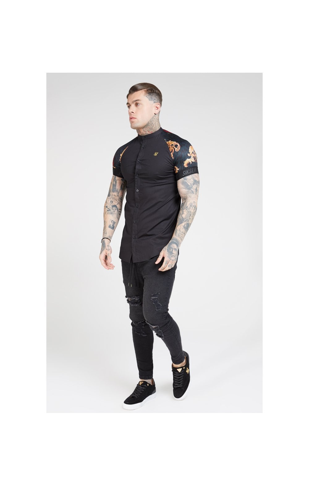 SikSilk S/S Grandad Collar Shirt - Jet Black & Floral Animal (3)