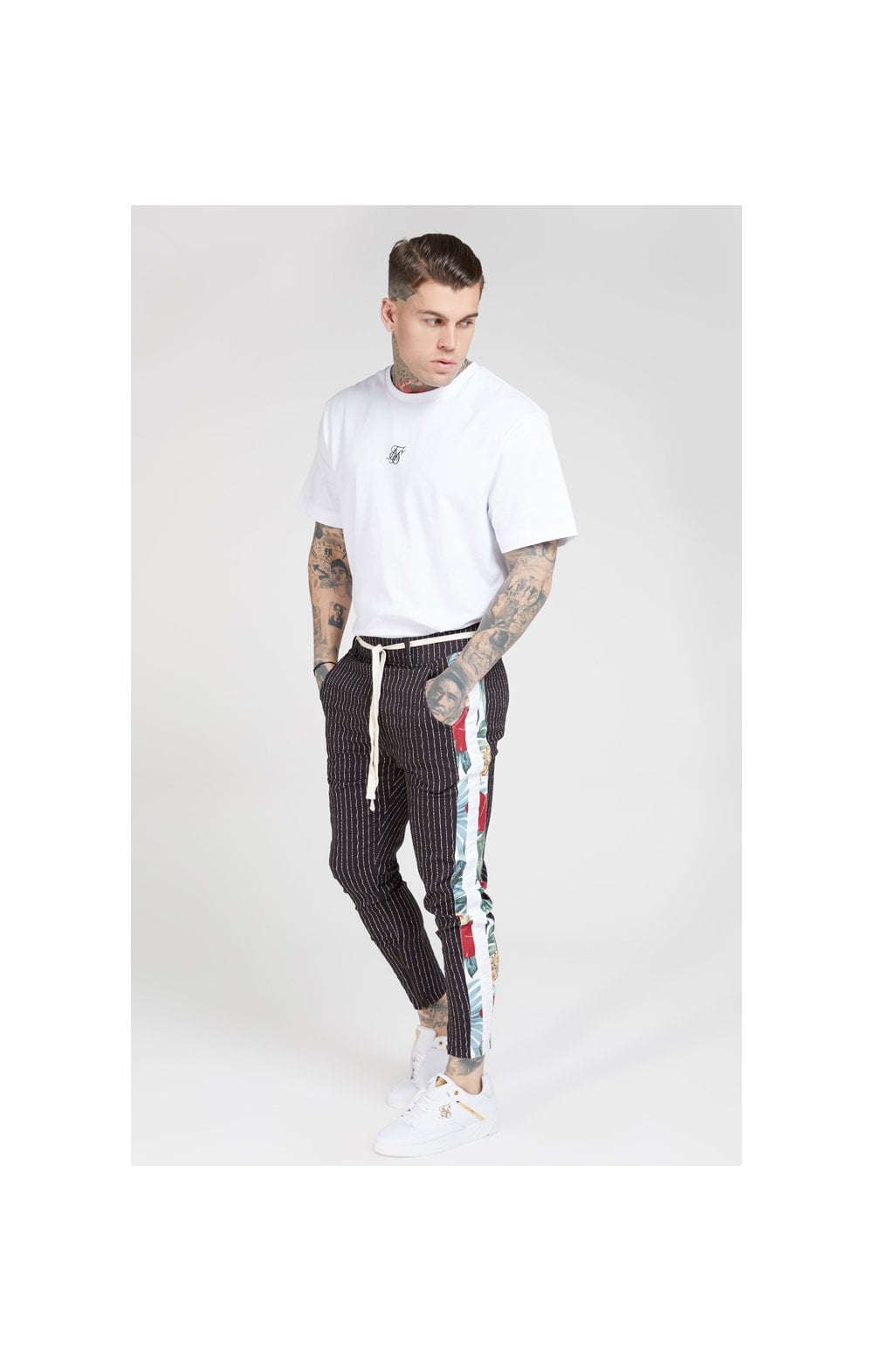 Load image into Gallery viewer, SikSilk Pleated Drop Crotch Tape Pants - Navy Pin Stripe (3)