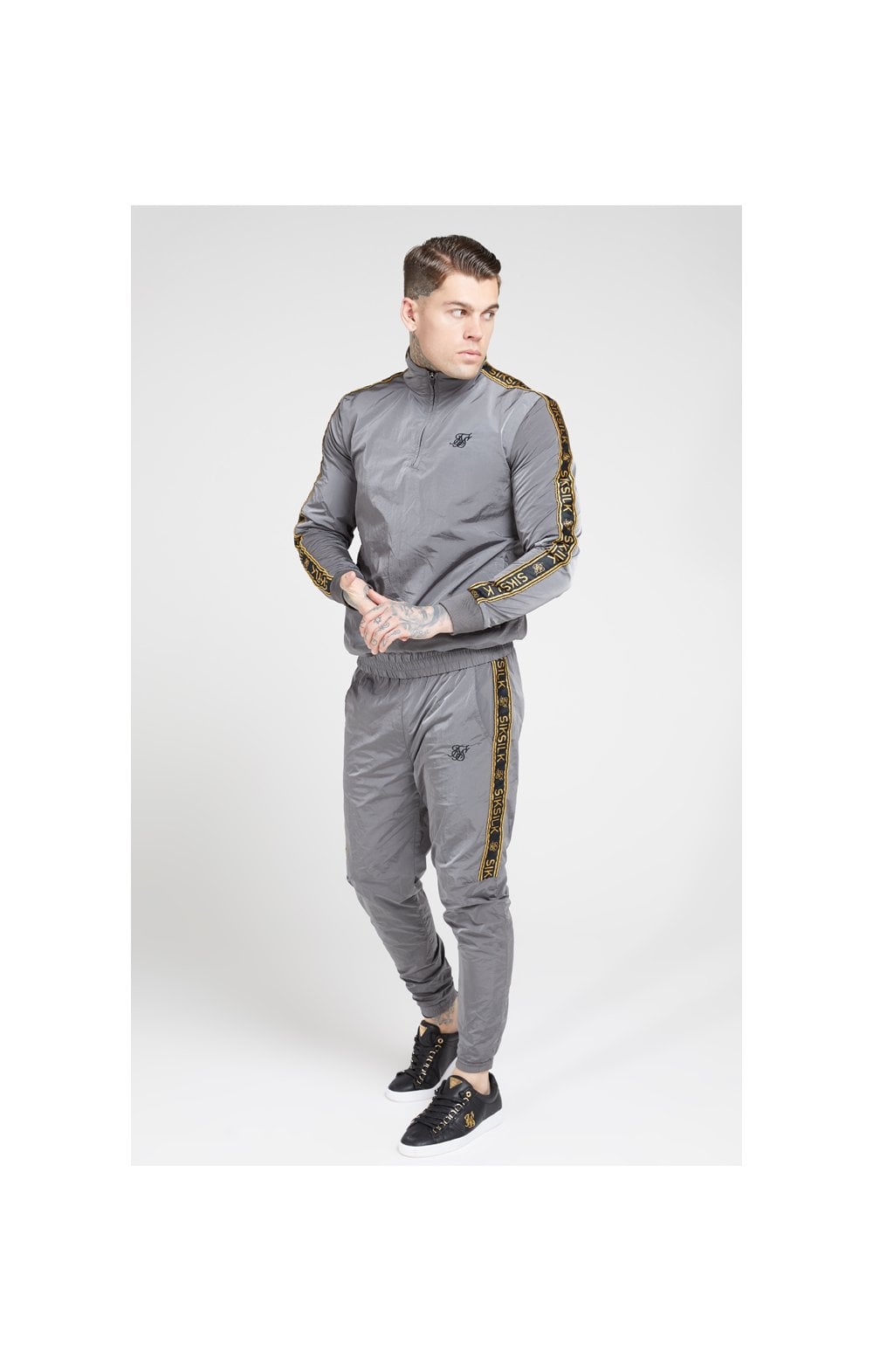 Load image into Gallery viewer, SikSilk Crushed Nylon Taped Joggers – Grey &amp; Gold (3)