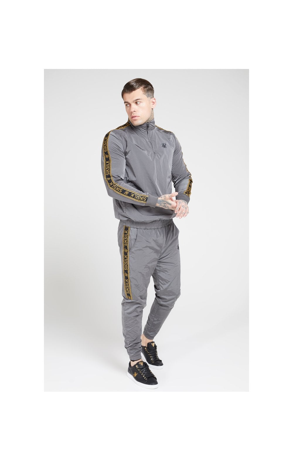 Load image into Gallery viewer, SikSilk Crushed Nylon Taped Joggers – Grey &amp; Gold (4)