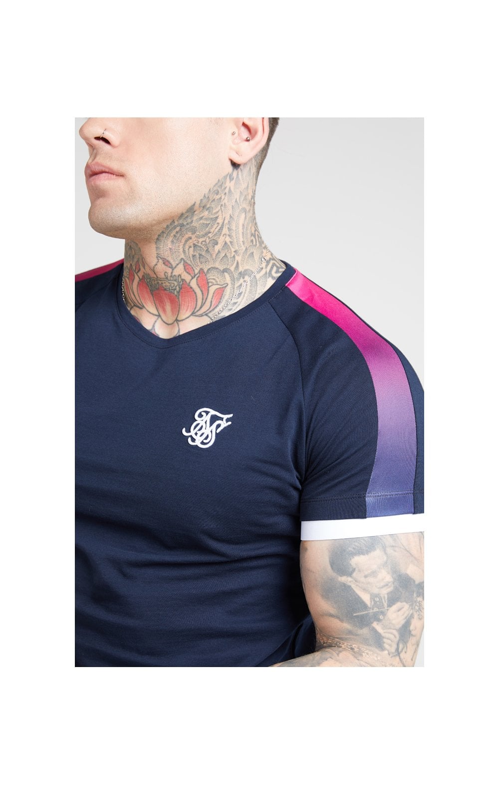Load image into Gallery viewer, SikSilk S/S Inset Cuff Fade Panel Tech Tee – Navy &amp; Neon Fade